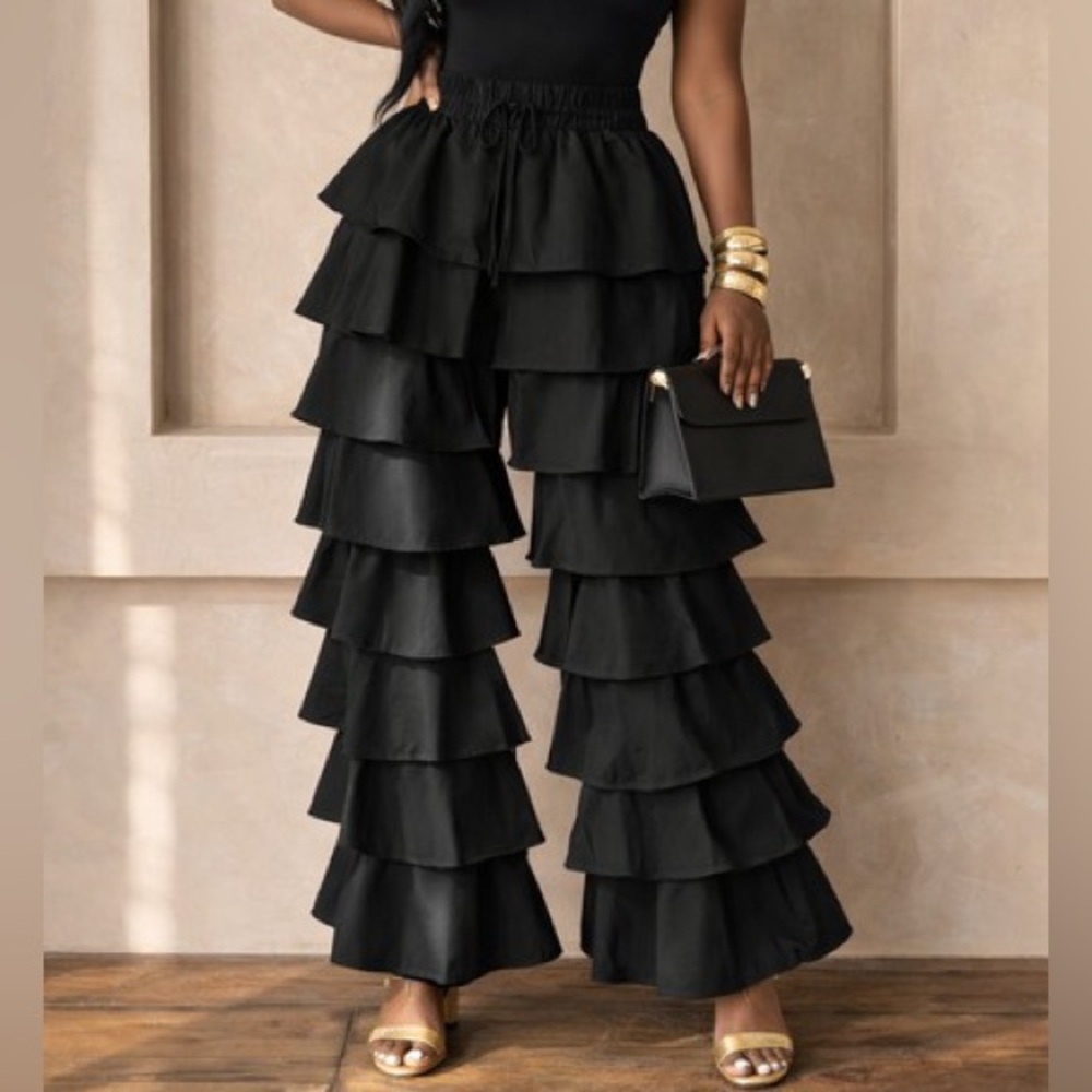Tiered Ruffled Women's Pants- BLACK